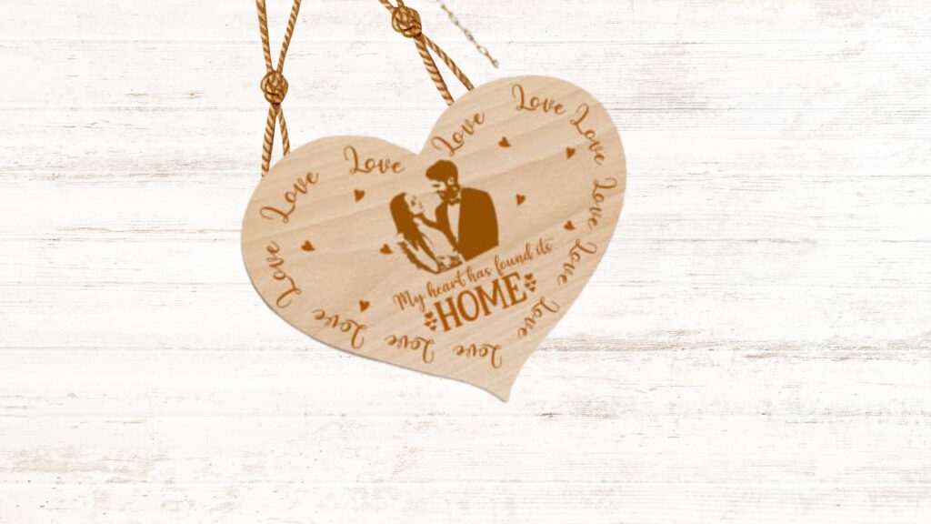 Heart shape wooden engraved photo hanging
