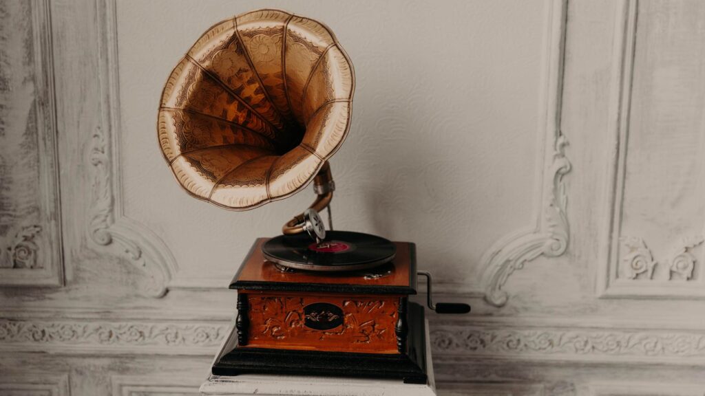 Gold Brasses And Wood Embossed Gramophone